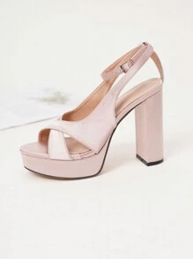 Women's Open Toe Ankle Strap Platform Thick Bottom Sandals, Fashion Wedding Party Shallow Pink Satin Fabric High Heels - Baby Pink - View 3