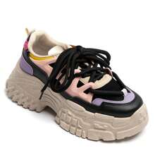 Women's Sneakers With Thick Notched Sole, Multicolored Color And Suede Effect - Black - View 3