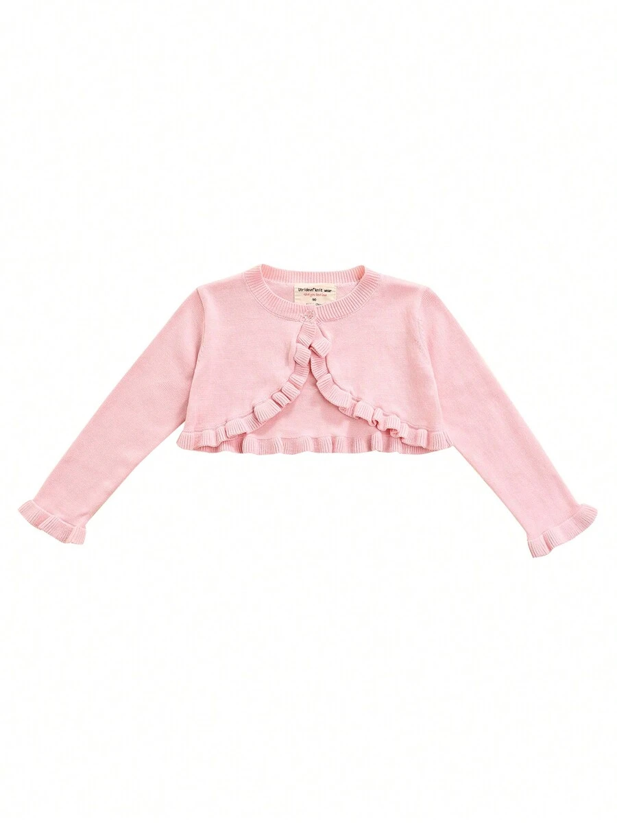 Toddler Baby Girl Sweater Crop Top Knit Cardigan Long Sleeve Ruffled One Button Cute Outwear Kids Fall Shrug Cover Up - Hồng - Xem 1