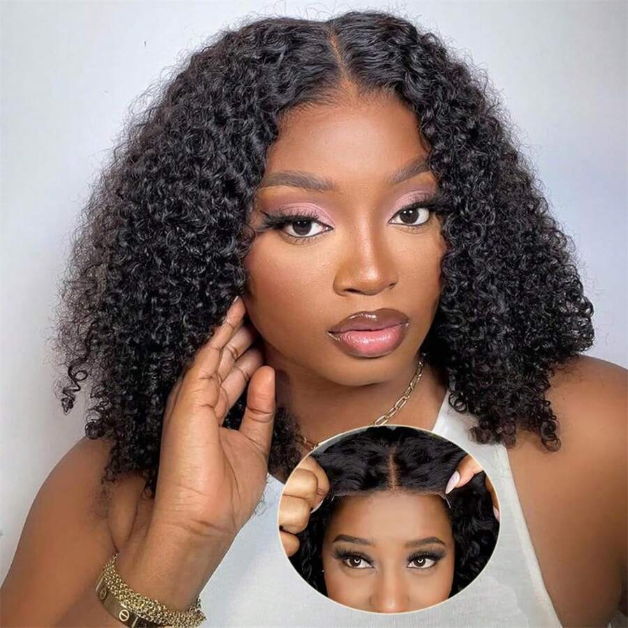 Glueless Wear And Go Kinky Curly Bob Wig Human Hair Ready To Wear Transparent 4x4 Lace Closure Wigs For Women Curly Wigs Brazilian Remy Hair - Natural Black - 查看 1