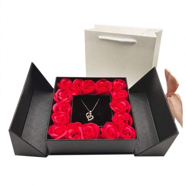 Confezione regalo con rosa rossa conservata, rose fatte a mano con collana, regalo per donna, mamma, moglie, fidanzata, "Ti amo" in 100 lingue, per compleanno, festa della mamma, San Valentino, Natale