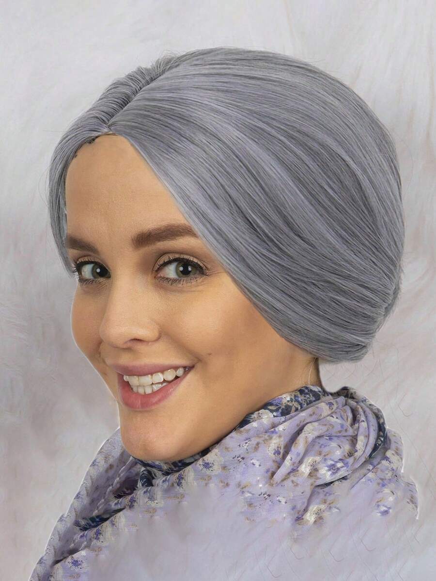 老太太假发服装套装，适合万圣节派对，短款灰色优质合成无胶耐热高温纤维头发，带发髻，适合夫人。 - 彩色 - 查看 1