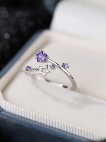 1pc Adjustable S925 Sterling Silver Purple Zirconia Star Ring, Petite & Versatile Design For Women, Suitable For Daily Wear - Multicolor - View 10