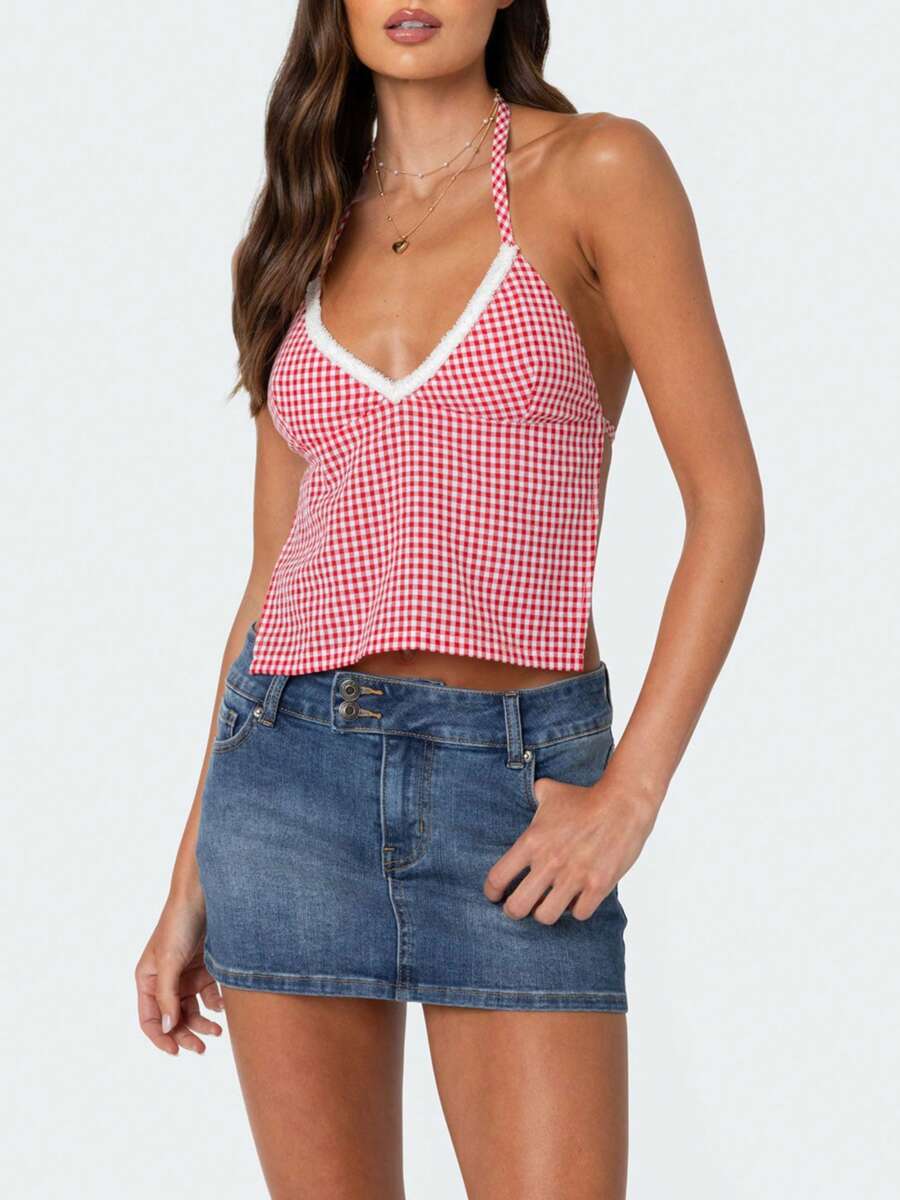 Women Girls Terry Trim V-Neck Halterneck Top Sleeveless Open Back Gingham Tops Strappy Y2K Shirts Streetwear - Red - View 1