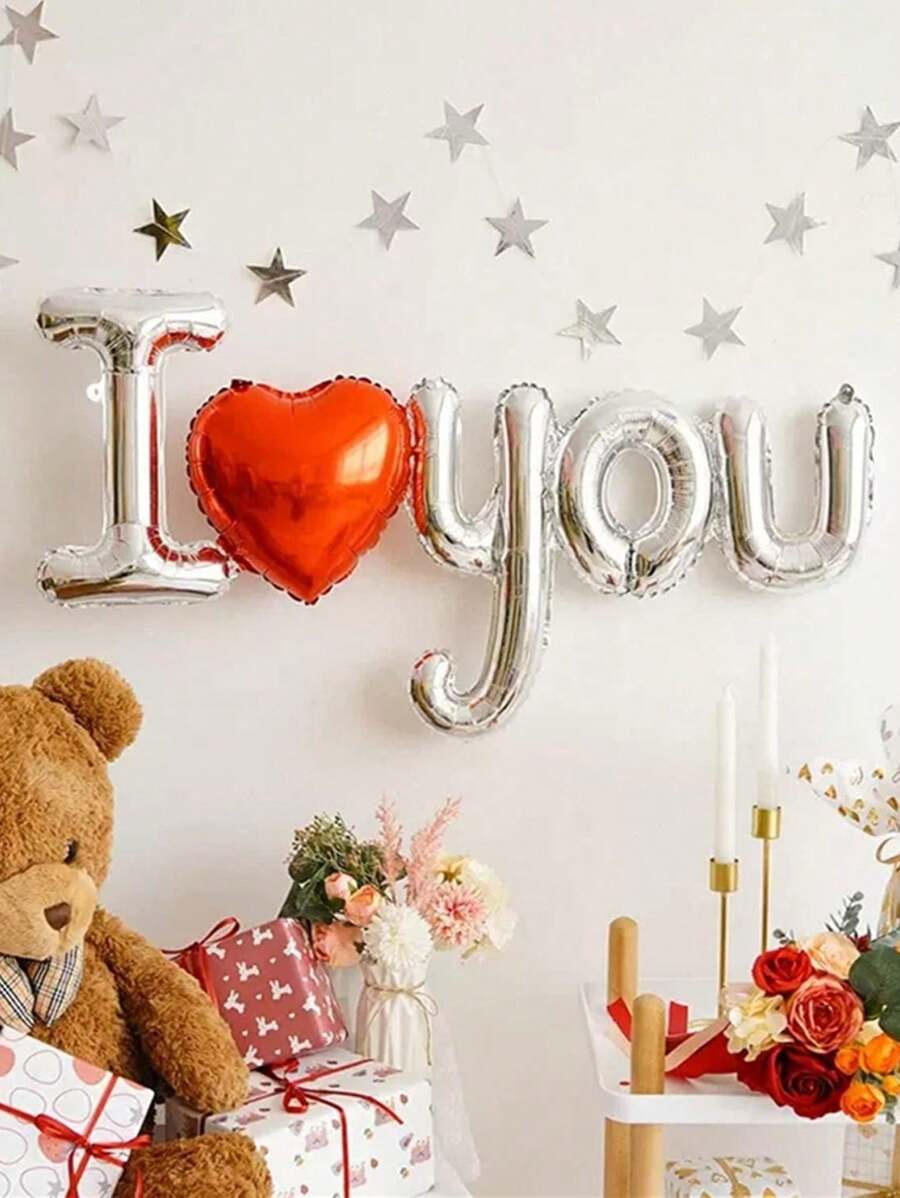1pc Valentine's Day Heart & Letter Foil Balloon, I Love You Balloon, Wedding, Anniversary, Proposal Backdrop Decor, New Year, Mother's Day, Birthday Party Decoration, Red Heart Balloon Back To School Valentine's Day - Multicolor - View 1
