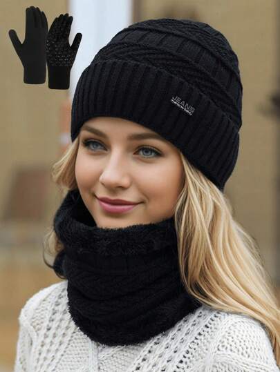 Conjunto de 3 piezas de gorro de punto, cuello y guantes para hombres, de unicolor con forro térmico, adecuado para uso al aire libre, en la calle y diario en otoño/invierno, conjunto de gorro de punto de moda, accesorios ideales de invierno para atuendos de invierno