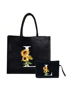 Bolsa de lona negra, que incluye una bolsa con iniciales impresas de la A a la Z y una bolsa pequeña impresa, con estampado de girasoles y flores, letras, flores, paquete de regalo personalizado, bolsa de lona negra - Negro - Ver 14