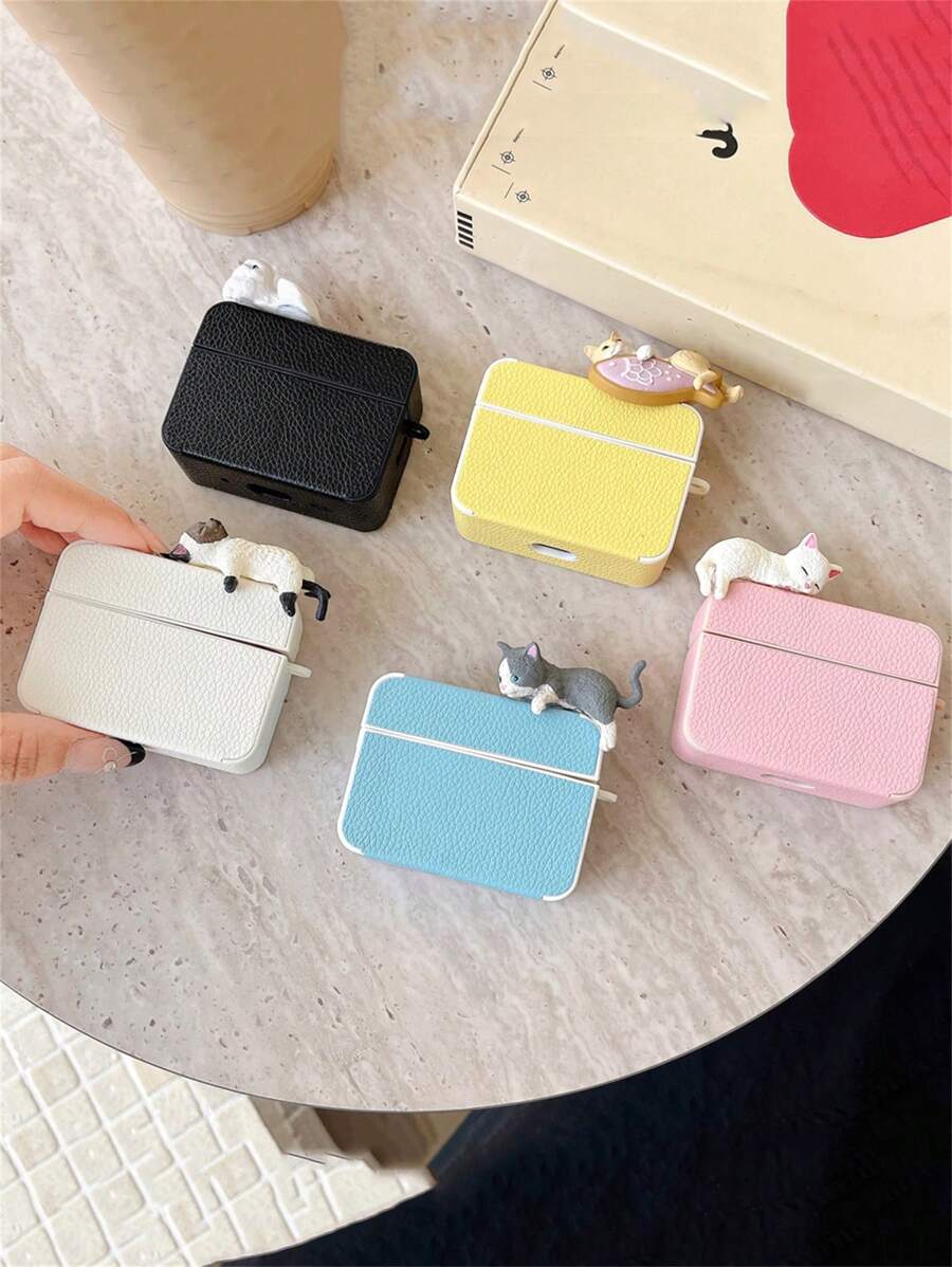 Cute Cartoon 3D Cat Headphone Case Compatible With Airpods 1 2 3 Pro 2 Stylish Litchi Pattern Protective Back Cover