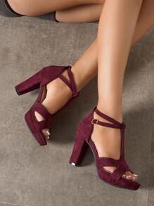女士高跟凉鞋，厚底设计增高，优质酒红色粗跟高跟鞋，T字带罗马沙滩魅力优雅时尚假日圣诞主题 - 酒紅色 - 查看 6