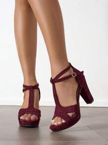 女士高跟凉鞋，厚底设计增高，优质酒红色粗跟高跟鞋，T字带罗马沙滩魅力优雅时尚假日圣诞主题 - 酒紅色 - 查看 5