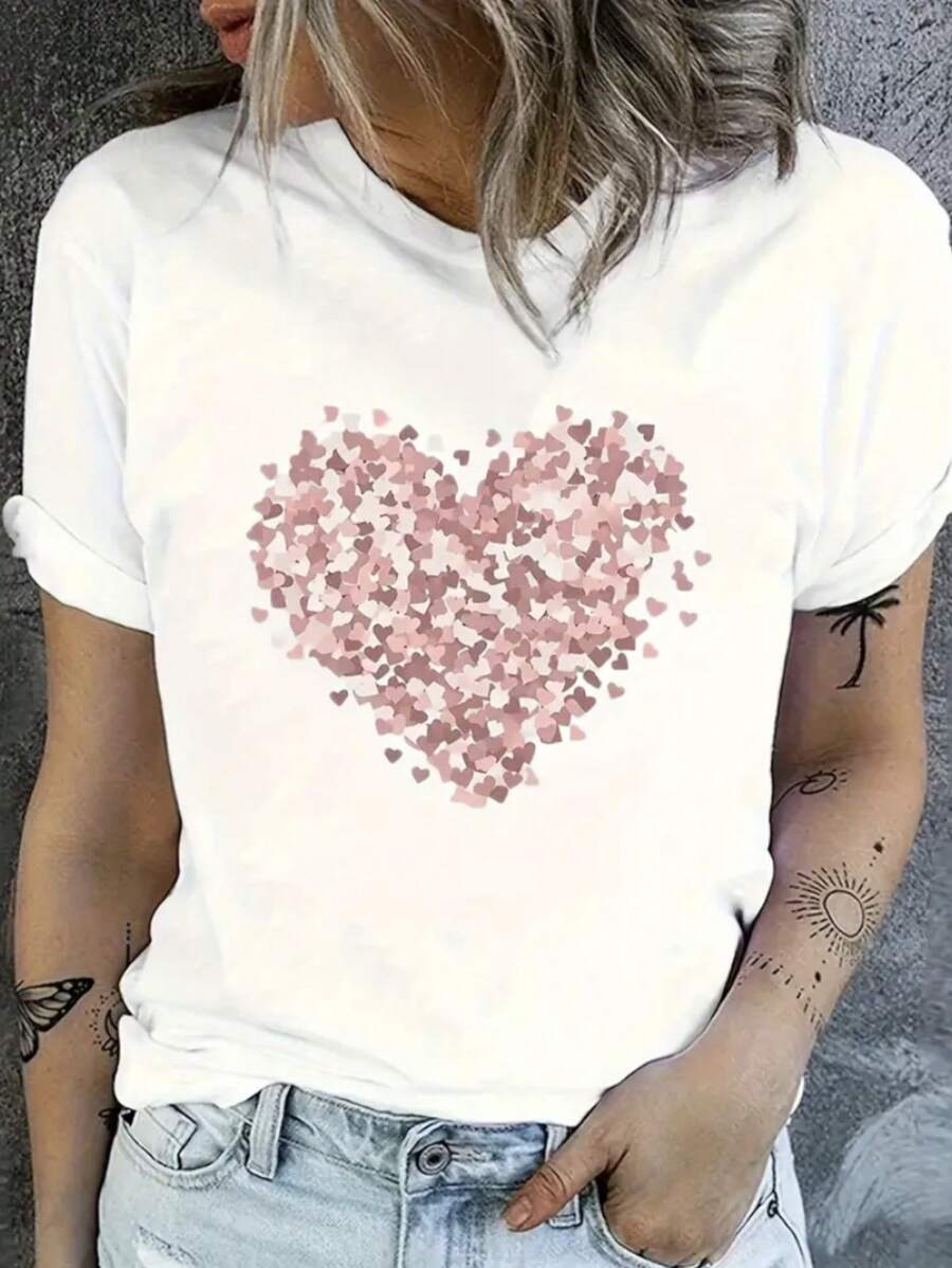Women's T-Shirt With Heart Print Love Pieces - 白色 - 查看 1