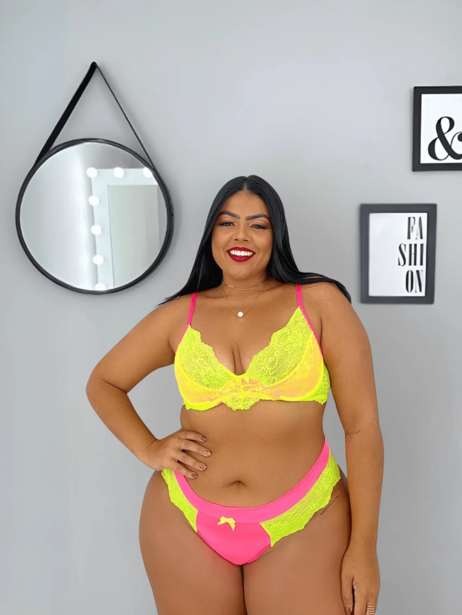 Plus Size Lingerie Set In Neon Colors With Underwire Quality Lace Bra And Panties - Yellow - View 1