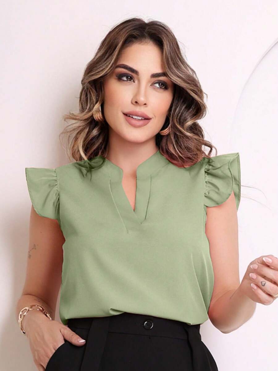 MARILYN MONNA New Women's Solid Color Classic V-Neck Ruffle Elegant Notched Neck Sleeve Blouse - 抹茶 - 查看 1