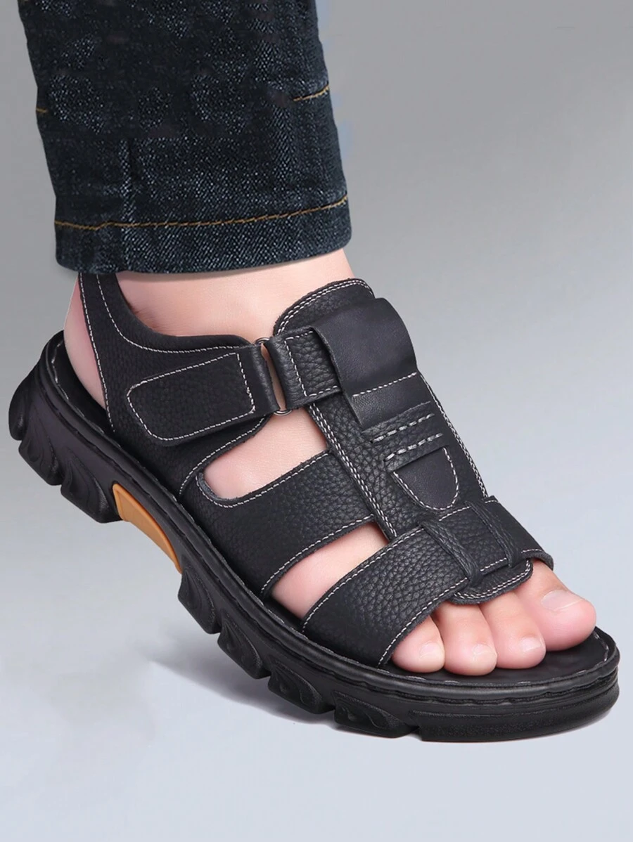 男士真皮凉鞋，配有可调节钩环带、防滑鞋底、夏季户外休闲沙滩鞋