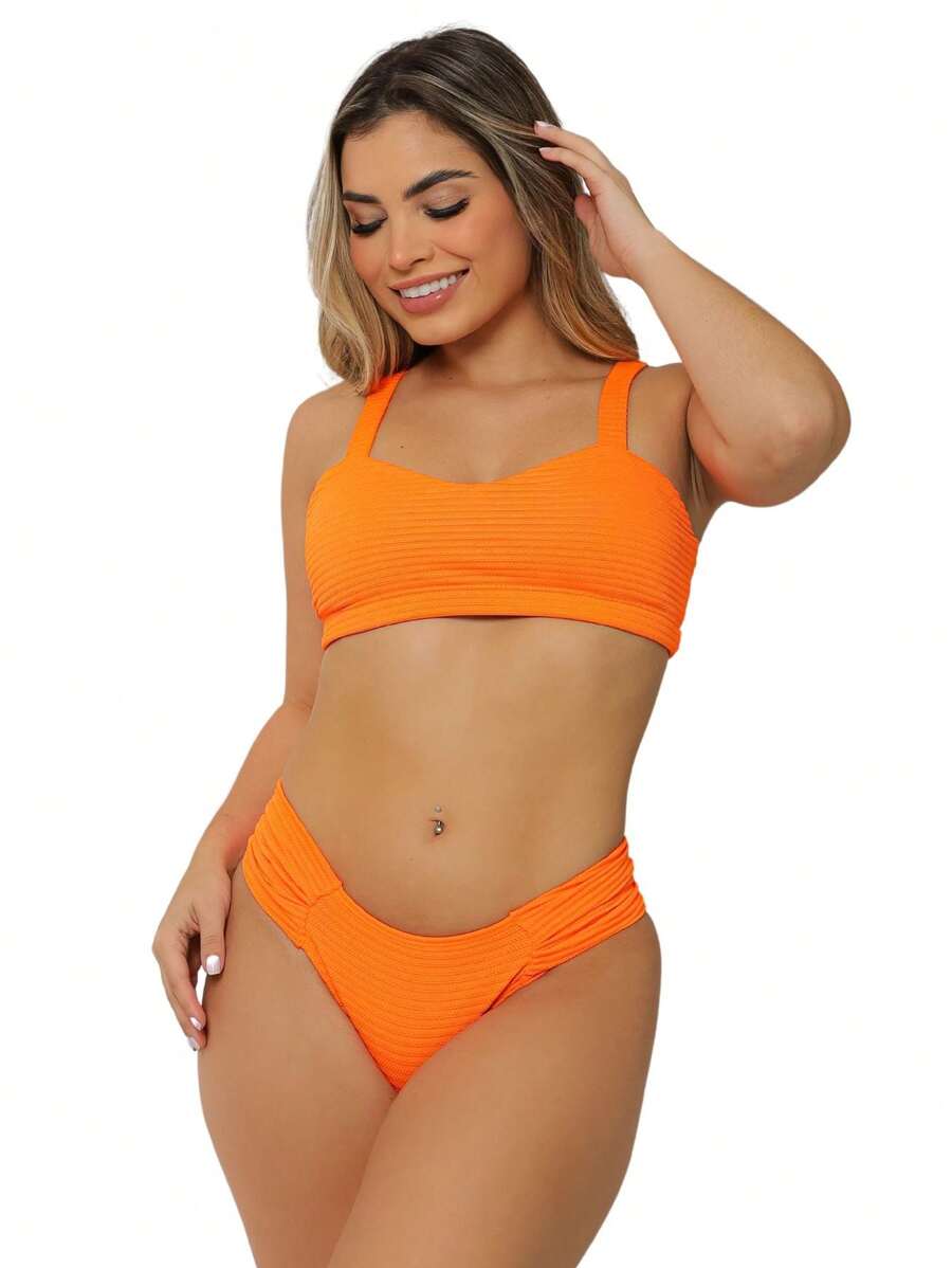 Bikini Set Top Stripe Summer Launch Relief Youth Adult Plain - 橘色 - 查看 1