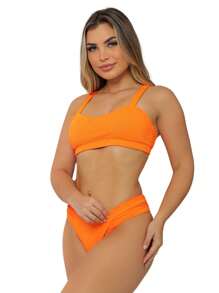 Bikini Set Top Stripe Summer Launch Relief Youth Adult Plain - 橘色 - 查看 3