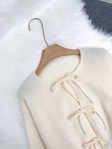 Áo khoác cardigan dài tay màu trơn thắt nơ phía trước - Phong cách tối giản, công sở, cổ điển, đơn giản, kiểu Pháp, dành cho nữ. Phong cách thường ngày. - Màu be - Xem 7