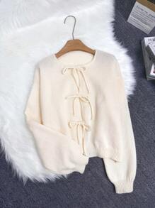 Áo khoác cardigan dài tay màu trơn thắt nơ phía trước - Phong cách tối giản, công sở, cổ điển, đơn giản, kiểu Pháp, dành cho nữ. Phong cách thường ngày. - Màu be - Xem 4