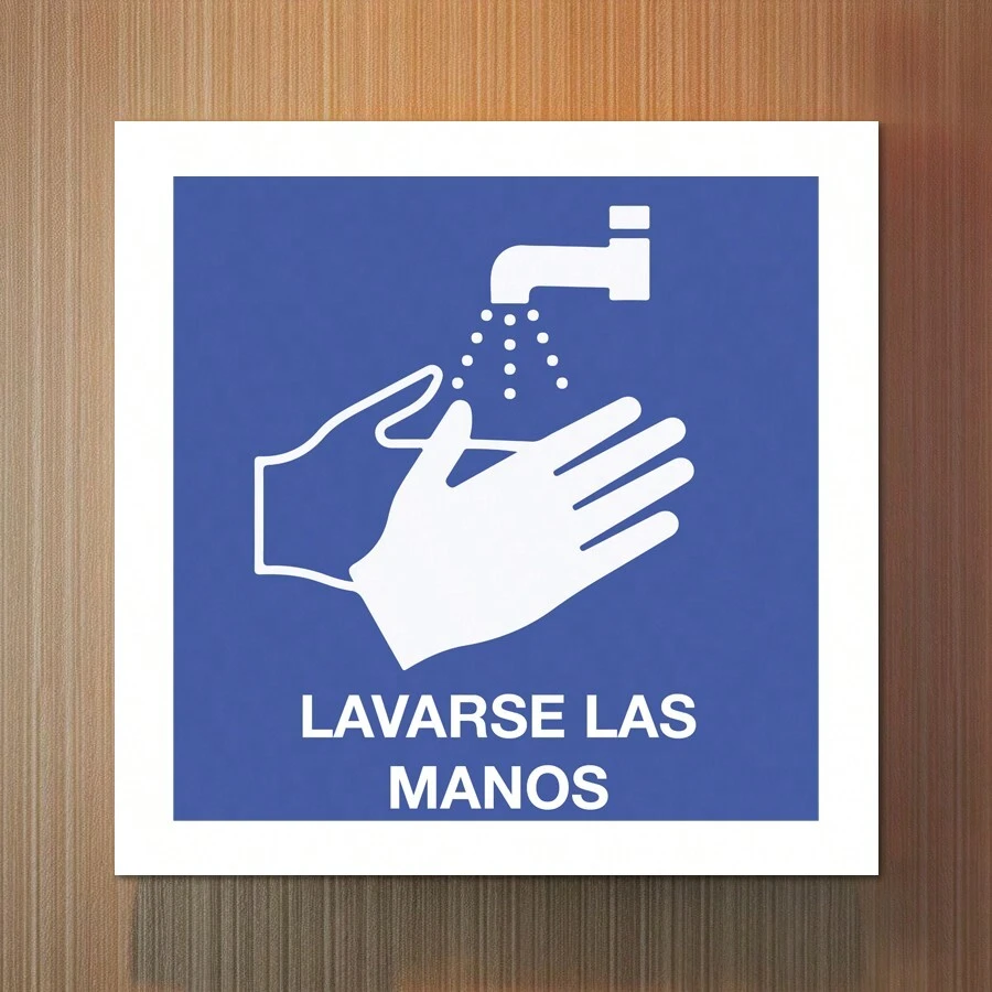 Señalamiento: "Favor de lavarse las manos". Impreso sobre plástico estireno calibre 40, ideal para interior o exterior. Medidas: 20 cm x 20 cm. Señalética, Letrero, Señal. - Azul - Ver 1