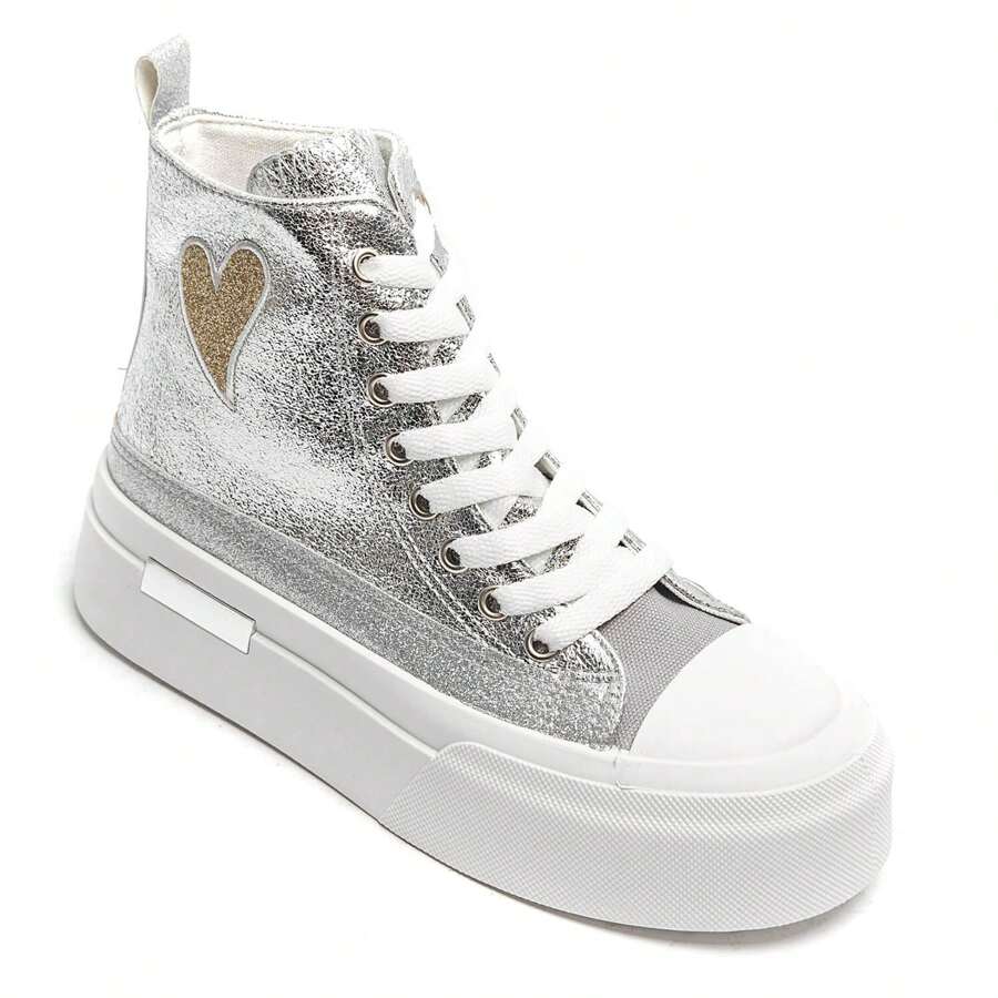 Women's Thick Sole Lace-Up Sneakers, With Heart-Shaped Patch, Available In Multiple Colors - Silver - View 1