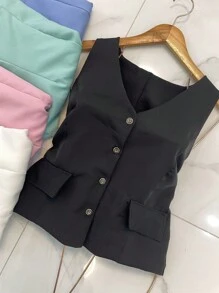 Sleeveless Tailored Blazer Vest - Black - View 2