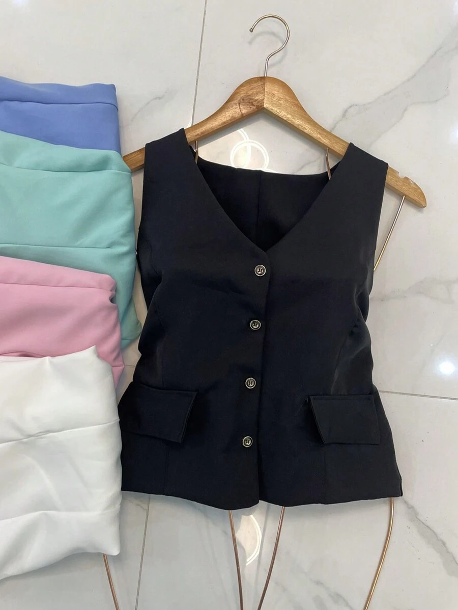 Sleeveless Tailored Blazer Vest - Black - View 1