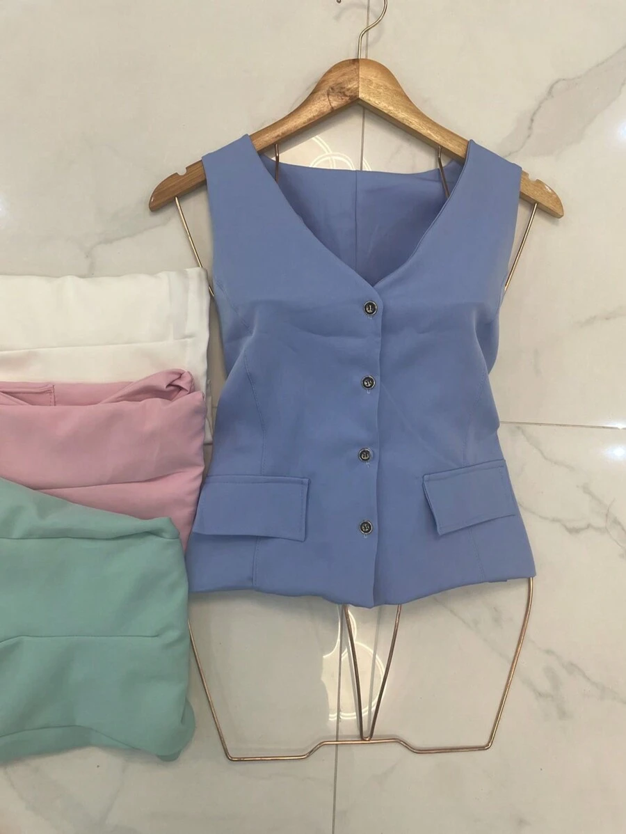 colete blazer alfaiataria sem manga - Azul - Visão 1