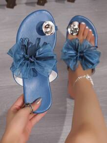 Dép nơ thời trang & thanh lịch cho nữ, dép xỏ ngón đế bằng đi biển ngoài trời, chống trượt thoải mái - Màu xanh hải quân - Xem 7