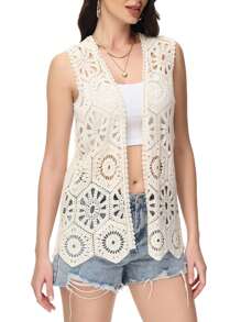 Crochet Vest Sleeveless Boho Lace Cardigan Stylish And Cute Cover Up - Màu be - Xem 1