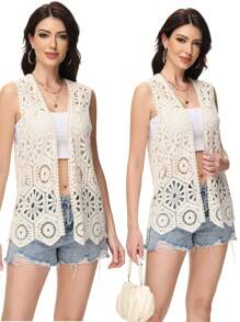 Crochet Vest Sleeveless Boho Lace Cardigan Stylish And Cute Cover Up - Màu be - Xem 5