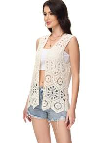 Crochet Vest Sleeveless Boho Lace Cardigan Stylish And Cute Cover Up - Màu be - Xem 4