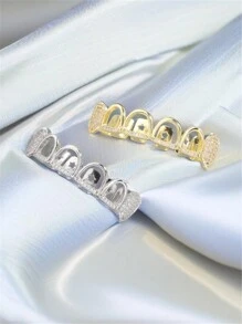 1pc/2pcs Hip Hop Style Vampire Hollow Teeth Grillz, Inlaid Shiny Zirconia 18K Gold Plated, Halloween Christmas Street Fashion Accessories, Comes With Tweezer & Dental Wax