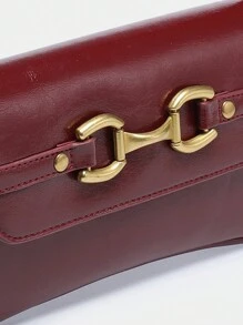1pc Vintage Minimalist Horse Buckle Metal Decor Angola Red Flap Shoulder Underarm Baguette Bag, Suitable For Dating, Outing, Party, Valentine's Day - 酒紅色 - 查看 4