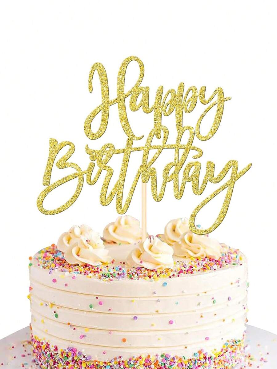 1 件金色“生日快乐”蛋糕装饰,适用于生日庆祝主题派对蛋糕装饰 - 金色 - 查看 1