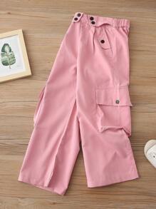 Pantalones cargo de unicolor de tiro alto para niña preadolescente con cuello vuelto y decoraciones en la cintura, diseño de pierna recta suelta, apropiado para la escuela, salidas y uso diario, primavera/verano/otoño - Rosa - Ver 7