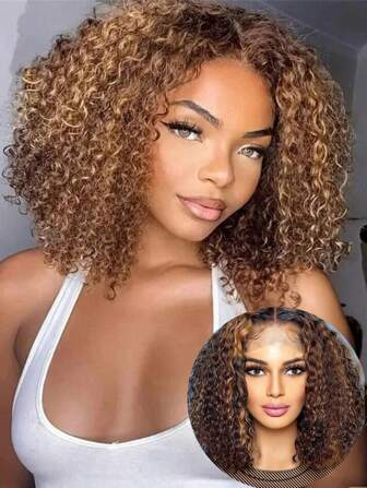 Curly Bob Wigs 13X4 Lace Front Wig Ombre Short Bob Brazilian Remy Human Hair Wigs Blonde Brown Deep Wave Short Wig For Women 13x4 Lace Highlight Color 4/27 8-16inch 150%
