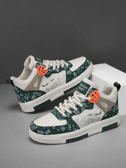 男士休闲撞色拼布图案运动鞋，时尚百搭字母印花舒适户外运动鞋