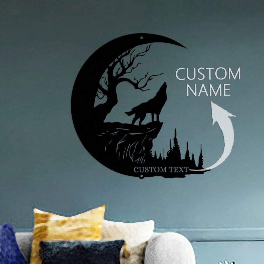 1 pieza Cartel personalizado de Lobo aullando en la Luna Creciente y Bosque, Arte de Pared Metálico de Lobo en la Luna, Decoración de Pared, Decoración del Hogar, Guerrera Femenina con Espada y Escudo, Decoración del Hogar Única, Regalo Personalizado, Regalo para Papá
