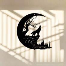 1 pieza Cartel personalizado de Lobo aullando en la Luna Creciente y Bosque, Arte de Pared Metálico de Lobo en la Luna, Decoración de Pared, Decoración del Hogar, Guerrera Femenina con Espada y Escudo, Decoración del Hogar Única, Regalo Personalizado, Regalo para Papá