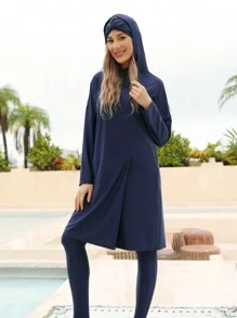 女士穆斯林布基尼泳衣端庄泳装伊斯兰长袖全罩式头巾连衣裙上衣泳裤泳衣