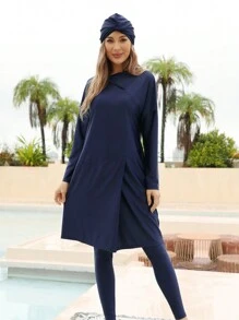 女士穆斯林布基尼泳衣端庄泳装伊斯兰长袖全罩式头巾连衣裙上衣泳裤泳衣