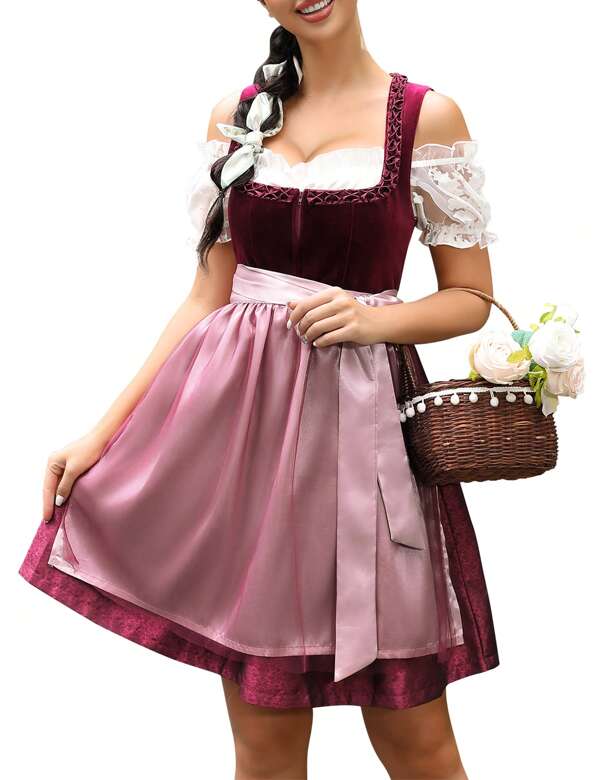 rachtenkleid Damen Dirndl Kurz Midi 3tlg. für Oktoberfest-DREI Teilig: Kleid, Bluse, Schürze