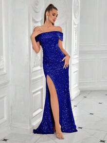 ADYCE Women's Formal Evening Gown Dress With Sequin Patchwork, Off Shoulder, Ruffle, Solid Color, High Slit - Royal Blue - View 5