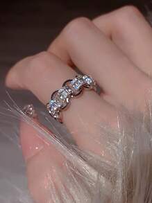 1 chiếc nhẫn thời trang nữ bằng đồng đính đá Zirconia nhân tạo hình elip độc đáo, phong cách tối giản cao cấp thanh lịch dành cho các bữa tiệc, sự kiện - Bạc - Xem 3