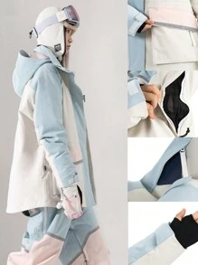 VECTOR MOTION Contrast Color Hooded Ski Jacket, Unisex Design, Padded Warm, Windproof, Waterproof, Cold-Proof, Abrasion-Resistant, Breathable, Stretchy, Lightweight Fleece, Suitable For Single/Double Board Skiing Equipment