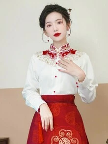 春季优雅复古中国风白色刺绣缎面长袖上衣适合中国新年/婚礼汉服上衣