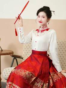 春季优雅复古中国风白色刺绣缎面长袖上衣适合中国新年/婚礼汉服上衣