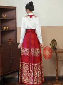 春季优雅复古中国风白色刺绣缎面长袖上衣适合中国新年/婚礼汉服上衣