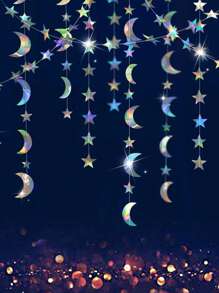 4m Pendente Iridescente de Estrela Cintilante, Lua e Flor para Decoração de Bottom de Banner de Festa Muçulmana, Ramadã e Eid Mubarak - Multicolorido - Visão 2