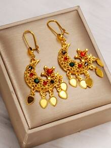 1 Pair Vintage Star Moon Design Earrings With Colorful Zirconia Embedded & Gold Tassel, Suitable Gift For Friends, Girlfriend, Wife, Birthday, Daily Wear And Eid Celebration